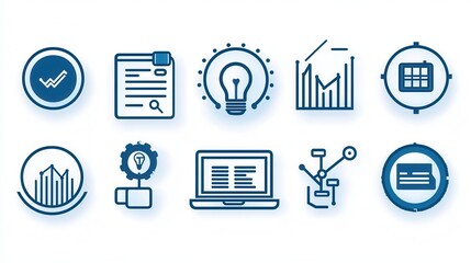 Poster - A set of modern outline icons representing various elements related to action planning data analytics and business strategy  These versatile icons can be used for presentations infographics