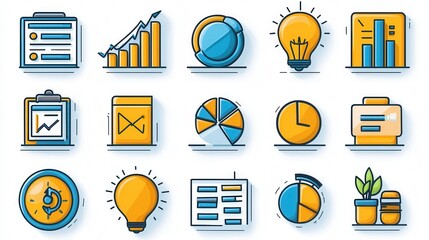 Poster - A collection of modern outline icons representing various aspects of action planning business data analytics reporting and strategy development