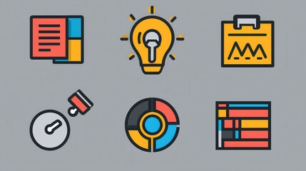 Poster - Collection of modern outline icons designed to represent various elements of action planning business strategy and data analysis  These minimalist graphics can be used in presentations reports