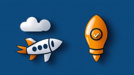 Poster - of a stylized rocket and checkmark icons representing corporate teamwork leadership and successful business ventures  The design conveys a sense of progress innovation and achievement in a creative