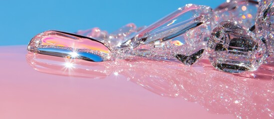 Poster - Crystal Clear Water Droplets on Sparkling Surface with Pastel Background and Reflections