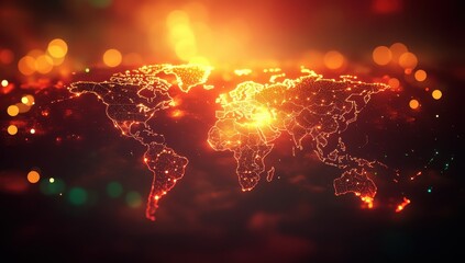 Poster - Illuminated World Map with Glowing Lights and Bokeh Effect in Warm Tones Reflecting Connectivity and Globalization Concept