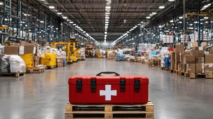Poster - A bright red sturdy medical emergency case stands out amidst the bustling activity of a large industrial warehouse filled with shelves pallets and equipment  The medical kit is positioned prominently