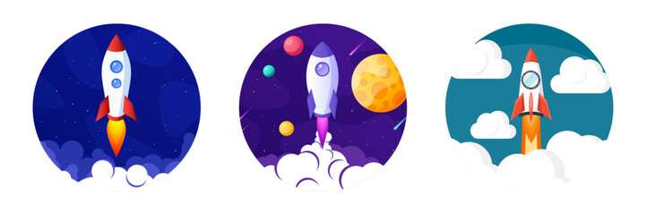 Wall Mural - rocket launch, space futuristic colorful background with planets and stars. cartoon starship, spaces