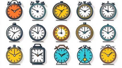 Poster - Comprehensive Collection of 15 Diverse Clock and Timer Icons Showcasing Various Styles and Functions for Effective Timekeeping  Scheduling  and Productivity Solutions
