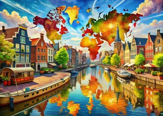 Poster - Evocative Travel Painting Texture:  Wanderlust Brushstrokes and Global Hues
