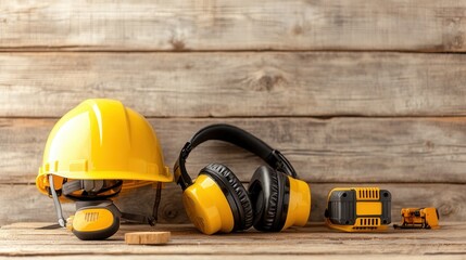Poster - A professional composition of essential construction tools and equipment including hard hat headphones hammer screwdriver pliers wrench and more on a wooden background