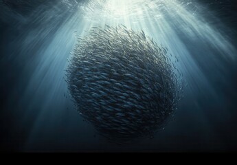 Poster - Schools of Fish Swimming Gracefully Underwater in Sunlit Ocean with Rippling Light Creating a Mesmerizing Contemporary Oceanic Scene