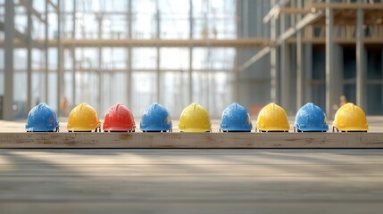 Poster - A professionally composed image showcasing a construction site with a row of colored safety helmets displayed representing the importance of workplace safety and the construction industry