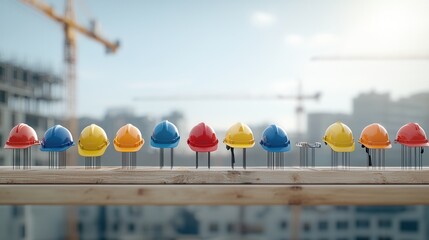 Poster - A professionally composed image showcasing a diverse array of colored construction safety helmets lined up against the backdrop of a modern city skyline symbolizing the safety progress