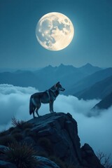 Wall Mural - Lone wolf standing on a mountain peak under full moon with misty fog, mountain, mist, full moon