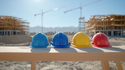 Poster - A sequence of colorful construction helmets neatly lined up on a worksite representing the coordinated teamwork safety protocols