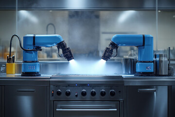 Poster - Innovative Cooking Technology with Blue Robotic Arms in Modern Kitchen Setup