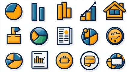Poster - A set of 15 line style icons showcasing various statistical data visualization elements including charts graphs diagrams and infographic symbols designed for business reports financial analytics