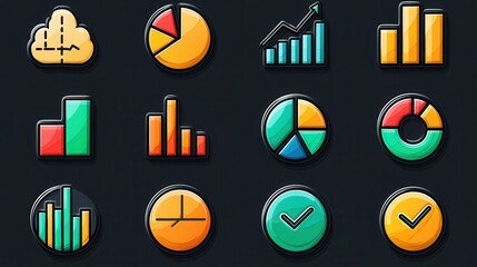 Poster - A comprehensive set of 15 line style icons that visually represent various statistical data visualization and analytics tools including graphs charts pie charts bar charts and line charts