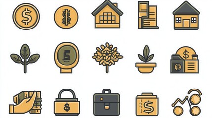 Poster - A set of 15 minimalistic coin outline icons representing various financial and investment concepts including money finance banking economy and wealth management