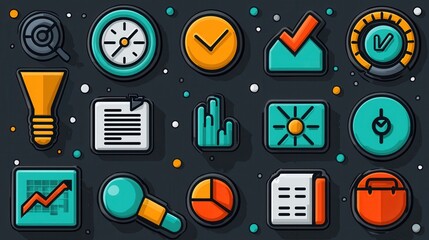 Poster - A Set of 15 Outline Icons Focusing on Various Aspects of Business Strategy Planning Analytics and Workflow Management  These Minimalist Flat Represent Key Concepts such as Goal Setting Data Analysis