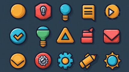 Poster - Outline Icons Representing Action Plan and Strategy for Business Innovation and Workflow Optimization  This set of 15 minimalist icons depicts various elements involved in effective planning