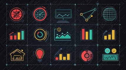 Poster - A set of 15 outline icons designed to represent various data visualization and analytics concepts including charts graphs dashboards