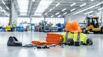 Poster - A structured and visually balanced composition showcasing the equipment tools and safety gear used in an industrial warehouse or construction site setting