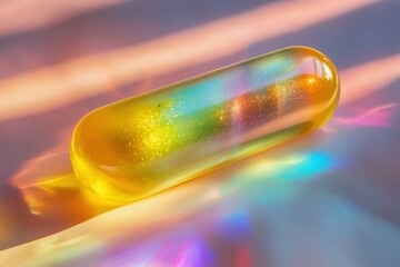 Poster - Shiny Yellow Capsule with Colorful Sparkles on Soft Surface in Beautiful Light Reflection