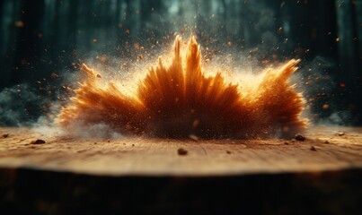 Poster - Explosive Eruption of Orange Particles in a Dark Forest Environment with Dramatic Lighting Effects