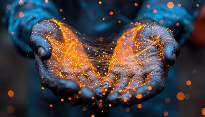 Poster - Hands Holding Glowing Particles of Light in a Dark Environment, Illuminating Creativity and Hope