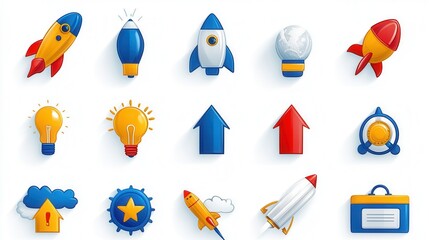 Poster - Startup Business Productivity and Innovation Conceptual with Rocket Lightbulb Arrow and Other Metaphorical Icons Representing Growth Strategy and Technology