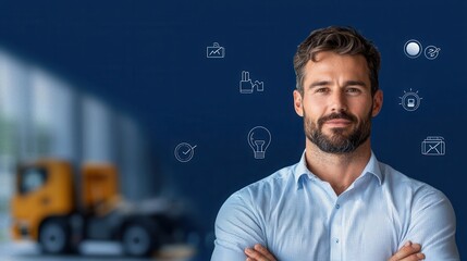 Poster - Portrait of a serious focused businessman standing with arms crossed contemplating business assessment planning and strategy  The image suggests a corporate professional