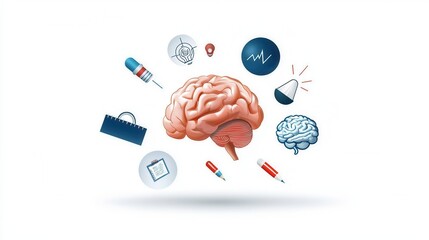 Poster - of a vibrant colorful brain with various knowledge related symbols and icons surrounding it represen