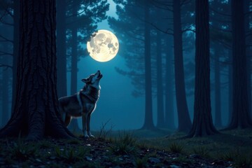 Wall Mural - Moonlit forest clearing with a lone howling wolf standing behind a tree trunk, wild animal, nighttime, wilderness