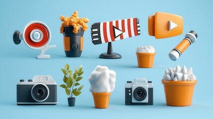 Poster - Multimedia Design Icons Collection on Blue Background   Flat Lay Composition with Various Graphic Elements and Symbols Representing Digital Technology Entertainment and Creative Concepts