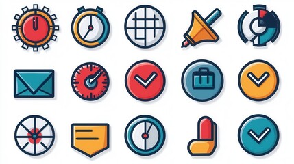 Poster - This collection of 15 outline icons visually represents various action oriented elements and optimization tools used in business technology management  data analysis  and strategic decision making