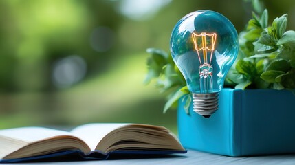 Poster - lightbulb idea symbolizing and innovation with open book in a lush green natural environment represe
