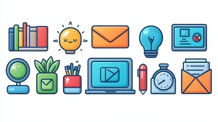 Poster - This image is a collection of 15 outline icons that illustrate various digital technologies  online tools  and office workplace elements  The icons depict objects such as an envelope  lightbulb