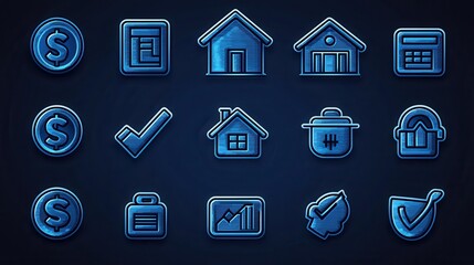 Poster - Collection of 15 stylish outline icons showcasing various financial concepts business analytics tools and economic indicators  These minimalist graphics depict symbols related to currency banking