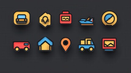 Poster - Comprehensive set of 15 transportation related outline icons including cars trucks buses planes boats and trains designed for use in travel navigation and mobile applications