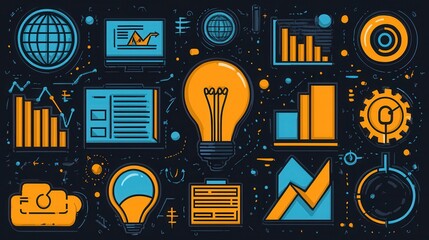 Poster - corporate themed linear icon set featuring 15 professional data visualization and analytics tools fo
