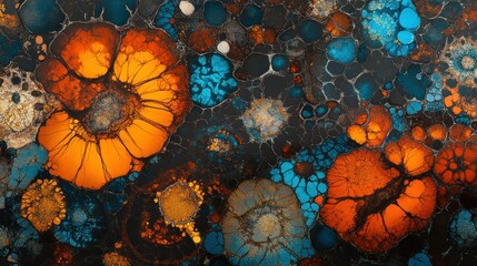 Poster - Abstract vibrant orange and blue circular patterns with dark background for creative designs