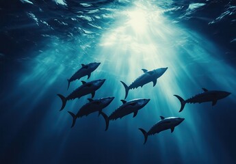 Poster - Underwater Scene of Sharks Swimming Gracefully Through Sunlit Ocean Water in a Serene Atmosphere Captured in Stunning Detail