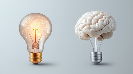 Poster - innovative knowledge and idea representation with brain and lightbulb icons conceptual symbols of le