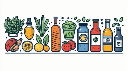 Poster - Comprehensive collection of healthy lifestyle icons featuring a variety of natural foods drinks supplements and kitchen items  Designed in a clean