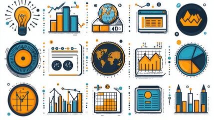 Poster - Vibrant Line Style Statistics Icons Collection Showcasing Business Analytics and Data Visualization Concepts with Diverse Infographic Elements Like Graphs Charts and Diagrams