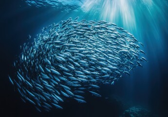 Poster - Underwater School of Fish Swirling in Deep Blue Ocean Light with Vibrant Marine Life and Breathtaking Natural Beauty Captured in High Resolution