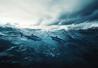 Poster - Underwater View of Swimming Fish in Turbulent Ocean Waters with Dramatic Clouds Above the Surface
