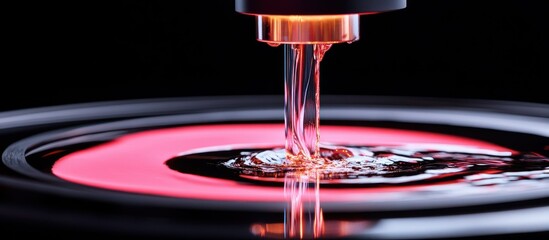 Poster - Macro View of Liquid Dripping from Nozzle into Dark Surface with Red Reflection