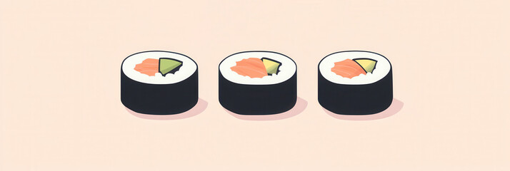 Poster - Japanese sushi roll icon featuring flat design in pastel tones perfect for food branding and minimalistic aesthetics