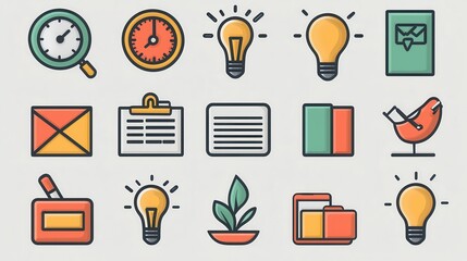 Poster - Minimalist Corporate Icon Set Featuring 15 Simple Graphical Symbols for Business Technology and Workplace Applications  This collection of clean