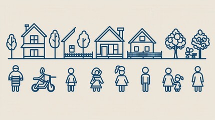 Poster - Minimalist family icon set featuring 15 linear symbols in a monochrome design  The simplistic icons depict a house trees and various family members engaged in different activities