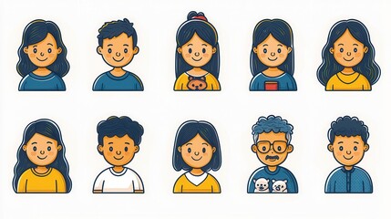 Poster - Set of Minimalist Family Web Icons with 15 Diverse Smiling Character Profiles in Casual Style for UI UX and Graphic Design